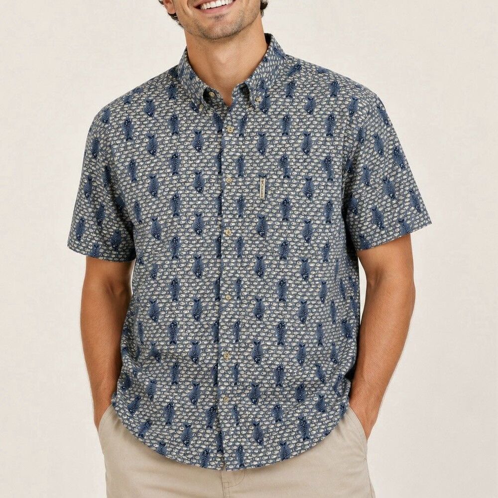 Columbia Fishing Shirt Mens Large Fish Skeleton Print Angler Camp Shirt Nautical
